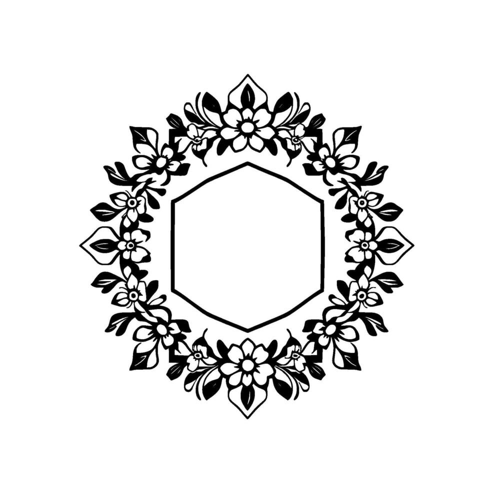 Monochromatic floral wreath encircling a hexagon, perfect for invitations, logos, or decorative frames, with botanical elegance. vector