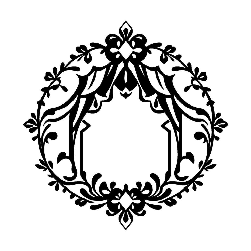 Intricate black and white symmetrical floral and geometric arabesque , framed, reminiscent of a decorative vintage emblem. vector