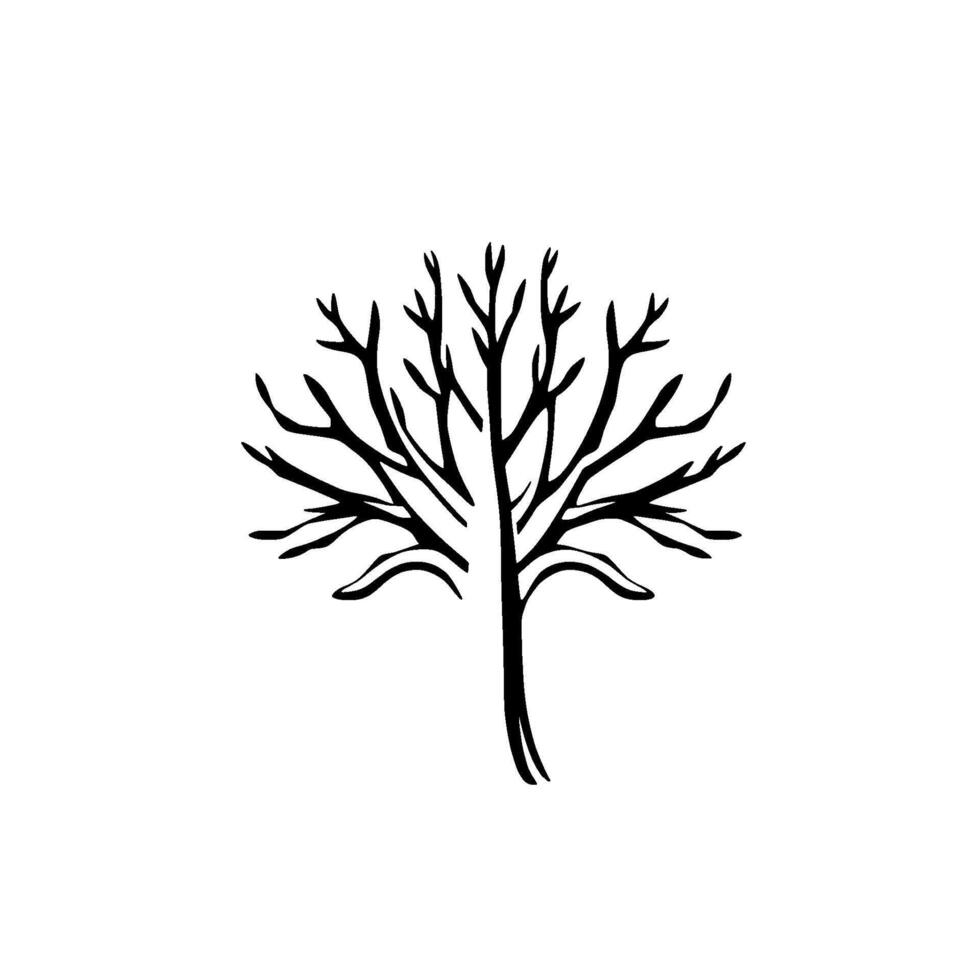 Simple, minimalist black ink illustration of a bare tree silhouette against a clean white background, depicting winter. vector