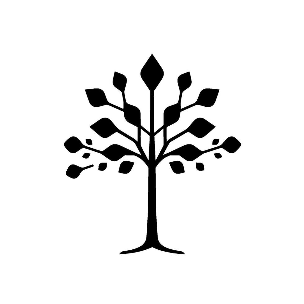 A minimalist black tree silhouette against a white background, featuring stylized leaves with sharp angles and smooth curves. vector