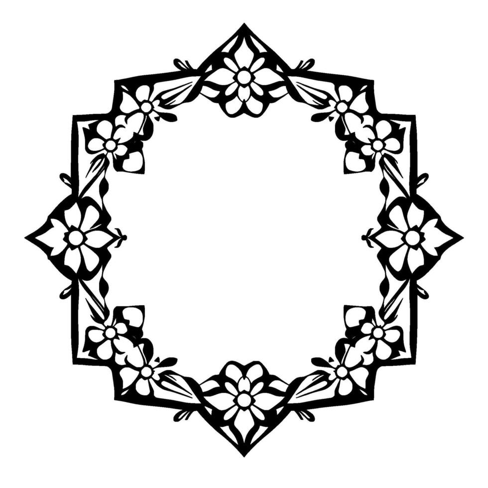 Intricate Black and White Floral Frame Geometric, Symmetrical with Detailed Blossom Motifs and Leafy Embellishments, Isolated on White Background. vector