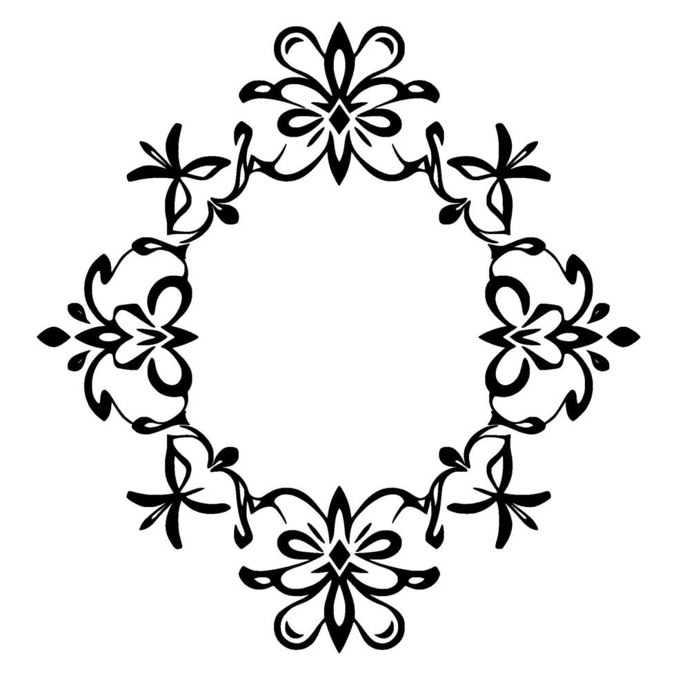 Elegant Black White Ornamental Floral Frame with Diamond and Flower Motifs, Symmetrical vector