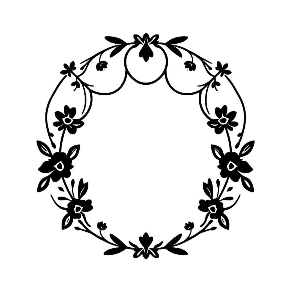Black and White Floral Wreath with Simple and Elegant, Detailed Blooms, Leaves, and Vines, Minimalist Style on White Background. vector