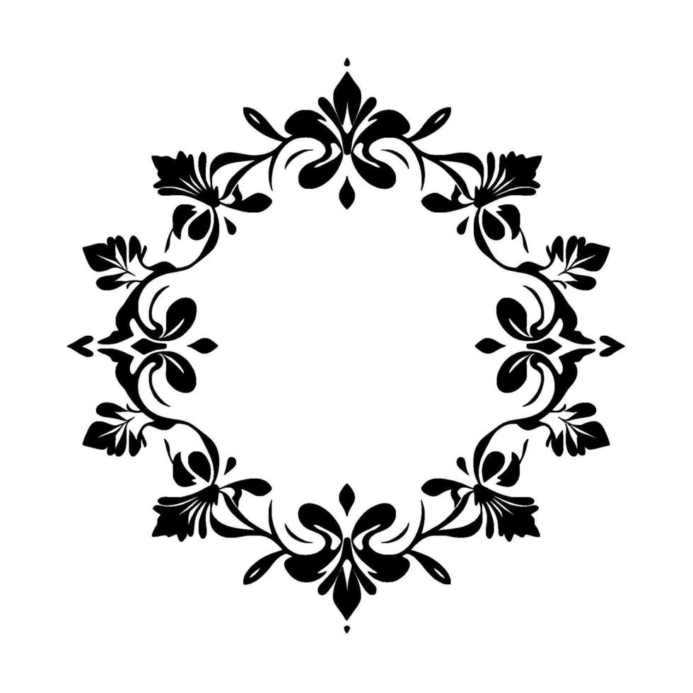 Elegant Black and White Circular Ornamental Frame with Floral and Leaf Elements, Symmetrical and Decorative, Isolated on White. vector