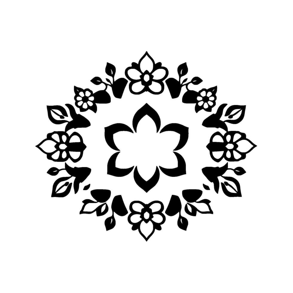 Symmetrical Black Floral Motif with Varying Flower and Leaf Shapes, Centered, and on a White Background. vector