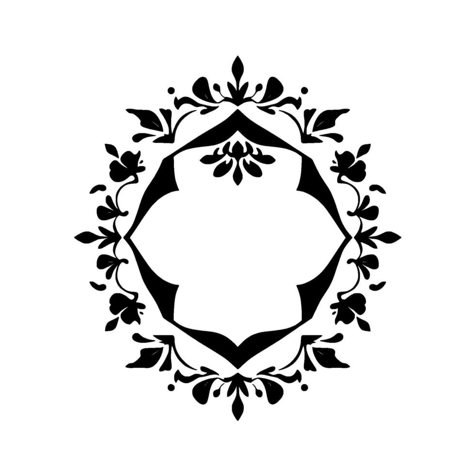 Intricate Black Floral Frame with Geometric Core, Isolated on White, Creating Elegant Border or Decoration vector