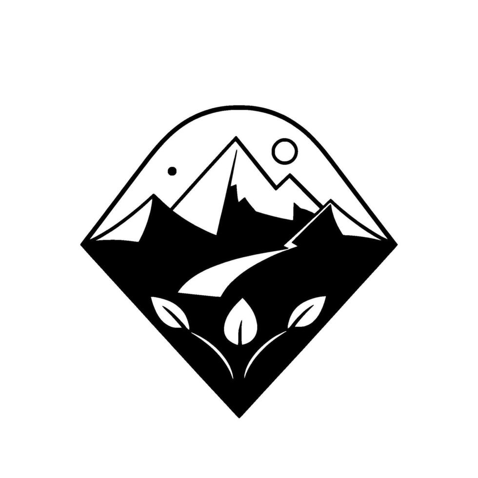 Monochromatic naturethemed emblem featuring mountains, a path, leaves, sun, and a star within a diamondshaped frame. vector