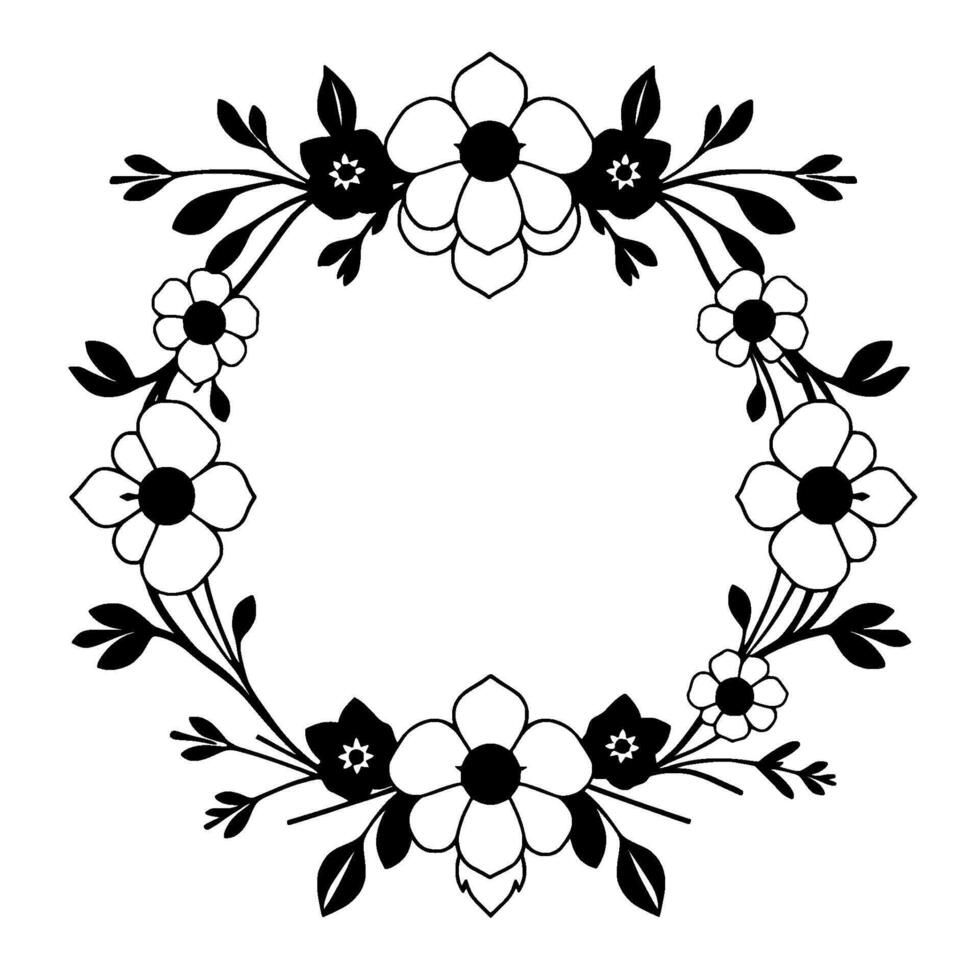 Elegant floral wreath in black and white, symmetrical with large and small flower blossoms, leaves, and stems, perfect for framing, logos, or decorative use. vector
