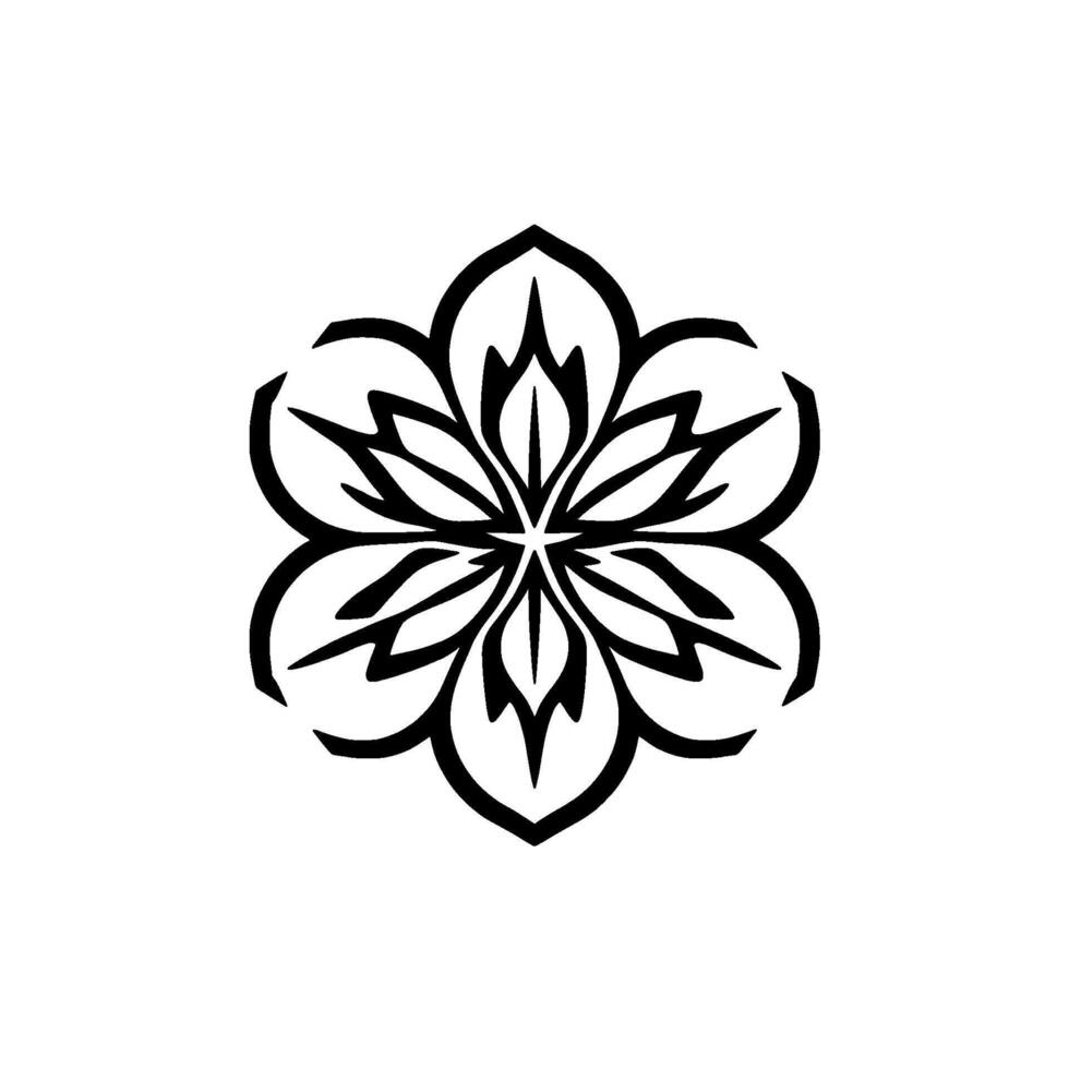 Symmetrical black floral with pointed petals and a central starlike element, set against a clean white backdrop. vector