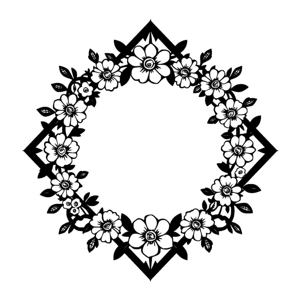 Elegant Black and White Floral Frame Circular featuring stylized blossoms, leaves, and geometric diamond elements, creating a sophisticated border. vector