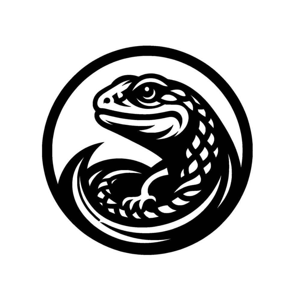 Bold Black and White Circular Featuring a Reptilian Creature in a Stylized, Geometric Embrace. vector