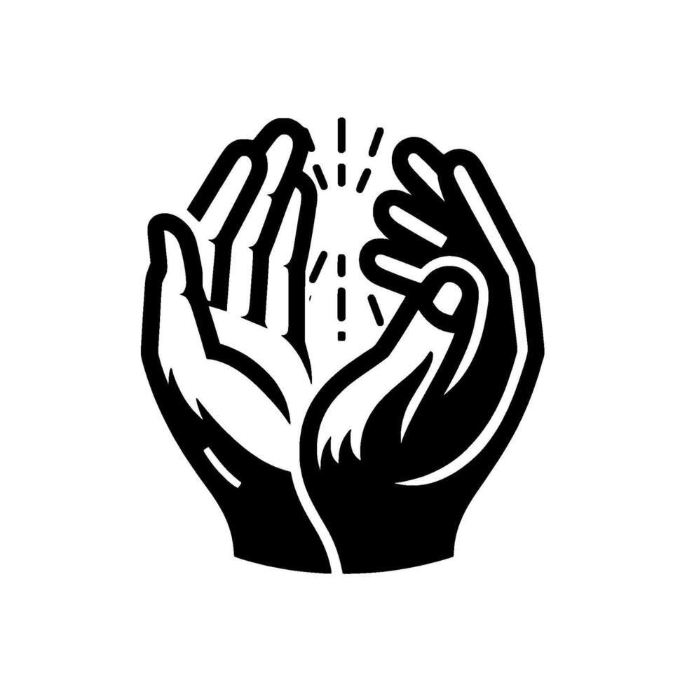 Black and White Illustration of Cupped Hands Receiving Emanating Light or Energy. Symbolism Connection, Offering, Care. vector