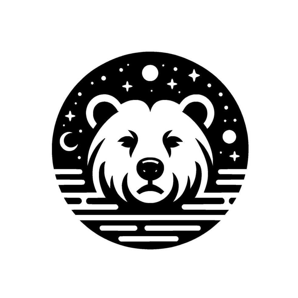 Black and white stylized bear head in a circle with stars, moon, and water lines, creating a minimalist and whimsical . vector