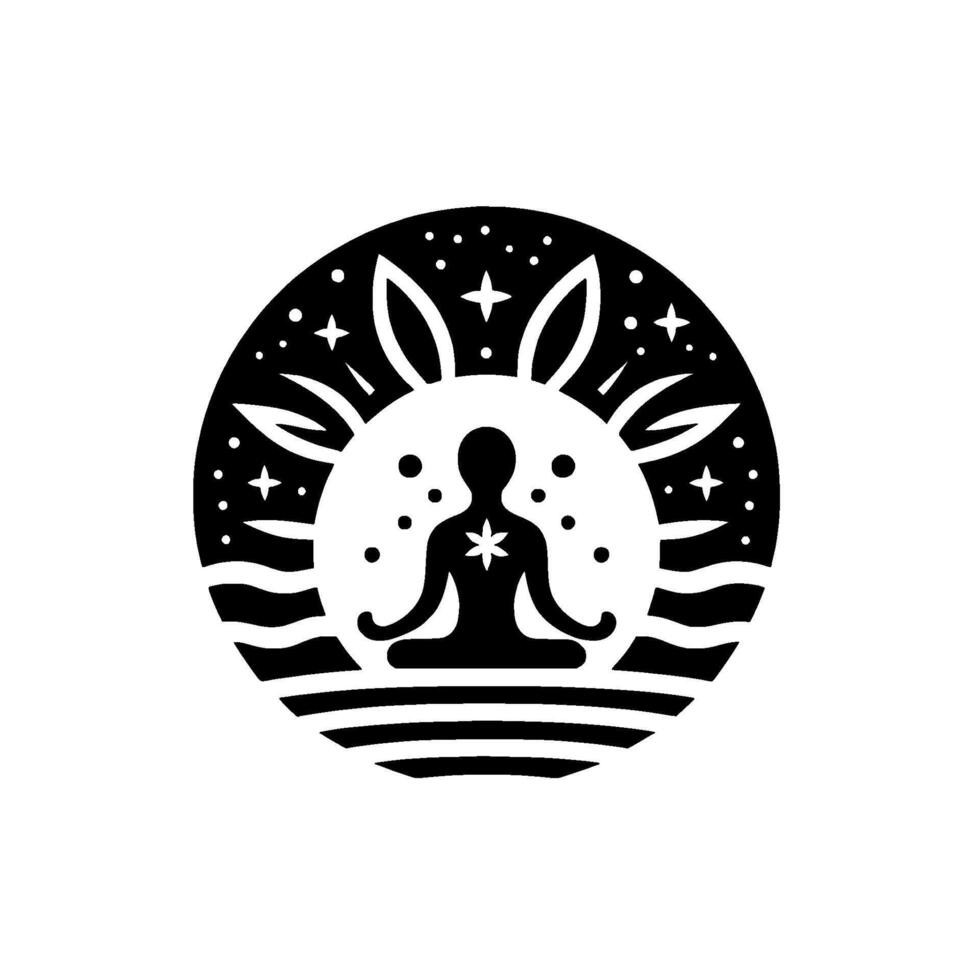 Serene Black and White Meditating Figure with Star Symbol, Surrounded by Cosmic Elements and Naturalistic Strokes within Circular Frame. vector