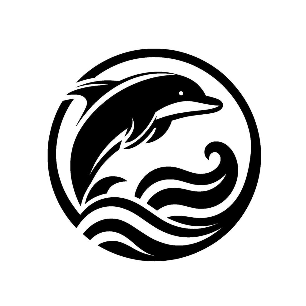Black and White Circular of a Jumping Dolphin Above Wavy Water, Symbol of Joy, Freedom, and Aquatic Life vector