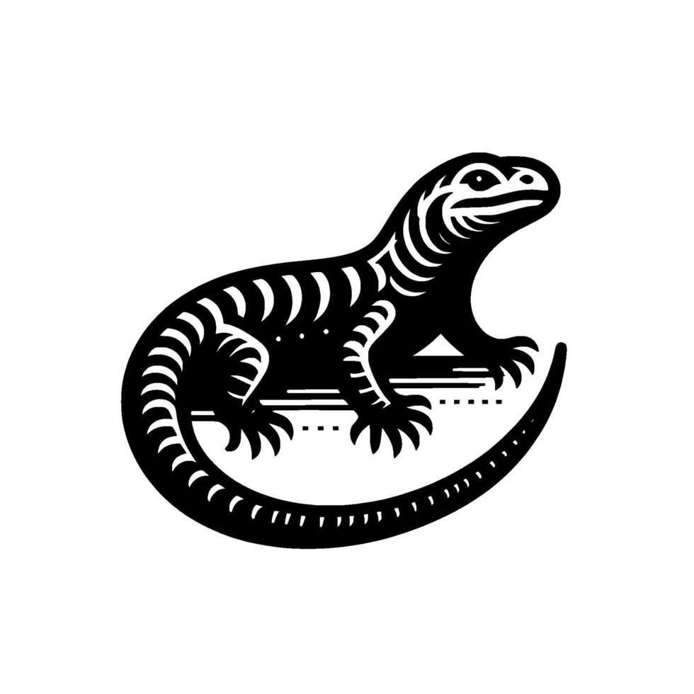 A stylized, monochromatic of a lizard, rendered with intricate patterns and bold black lines, curving its tail. vector