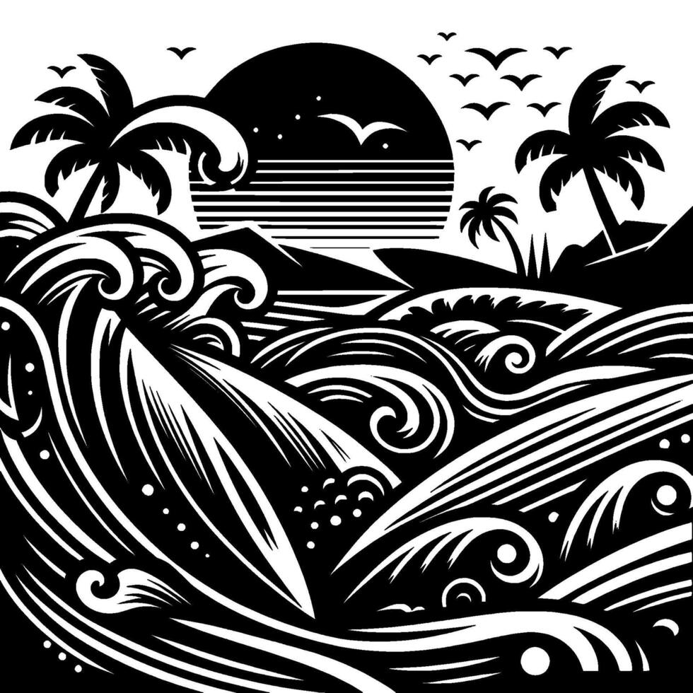 Black and white stylized coastal illustration of a sunset with waves, palm trees, birds, and mountain silhouettes. vector