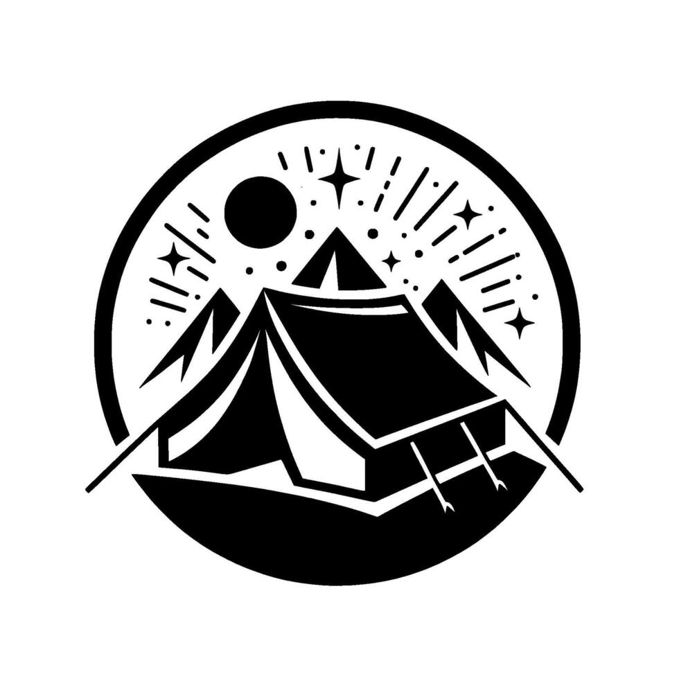 Night Camping Scene Tent Under Starry Sky Mountains, Monochromatic, Within a Circular Badge vector