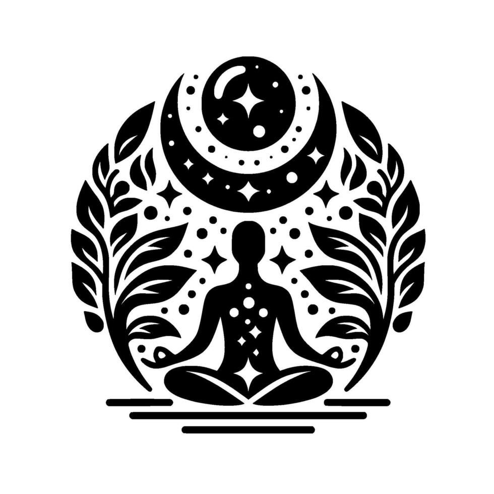 Meditating Silhouette in Yoga Pose, Encircled by Celestial Crescent Moon, Stars, and Leaves, Symbolizing Peace and Harmony vector