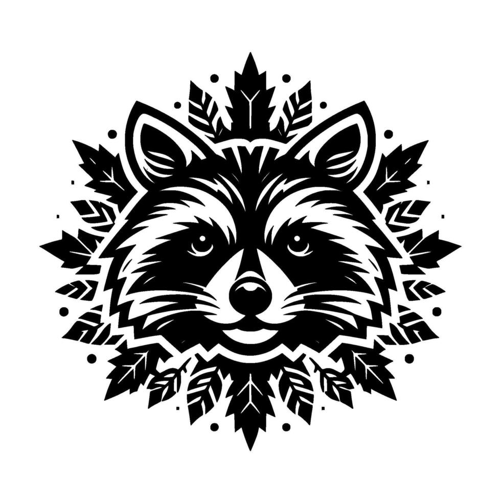 A stylized, symmetrical black and white illustration of a raccoons face surrounded by a leafy wreath on a clean white background. vector