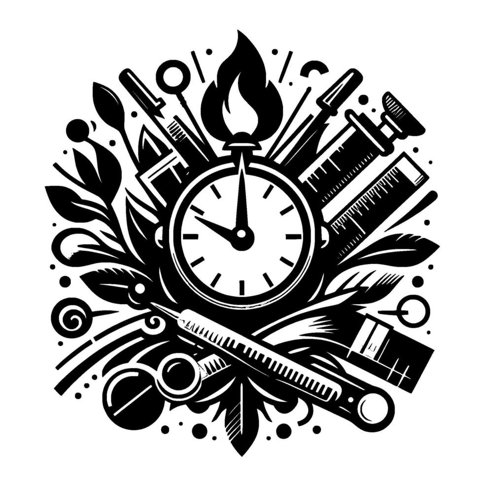 Monochrome Medical Emblem Clock, Syringe, Thermometer, Pills, Flame, and Botanical Elements in a Circle, Time and Healing Concept. vector