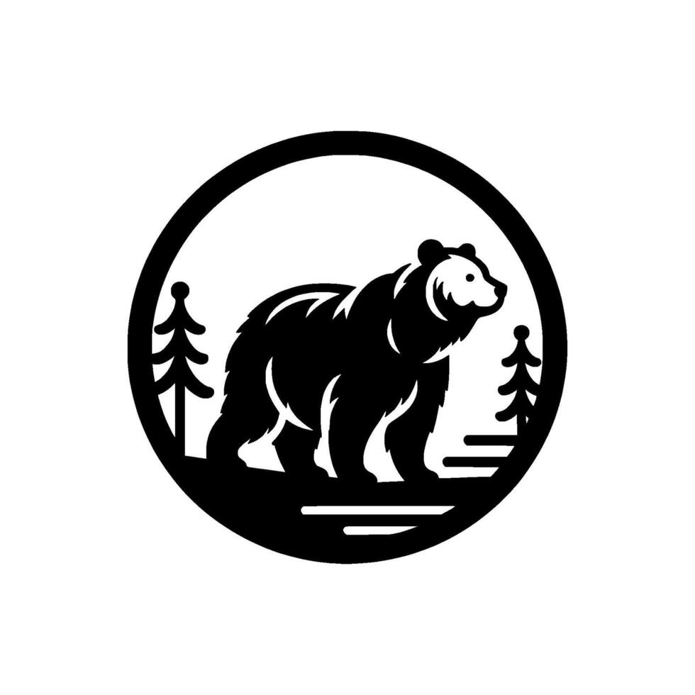 Minimalist black and white circular emblem featuring a bear amidst trees, evocative of wilderness and nature, perfect for outdoor brands. vector