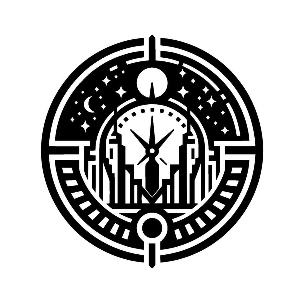 Black and white circular art piece featuring cityscape, clock face, night sky elements, and a minimalist aesthetic. vector