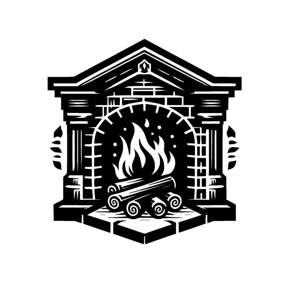 Stylized Black and White Fireplace with Burning Flames and Rolled Logs, Architectural . vector