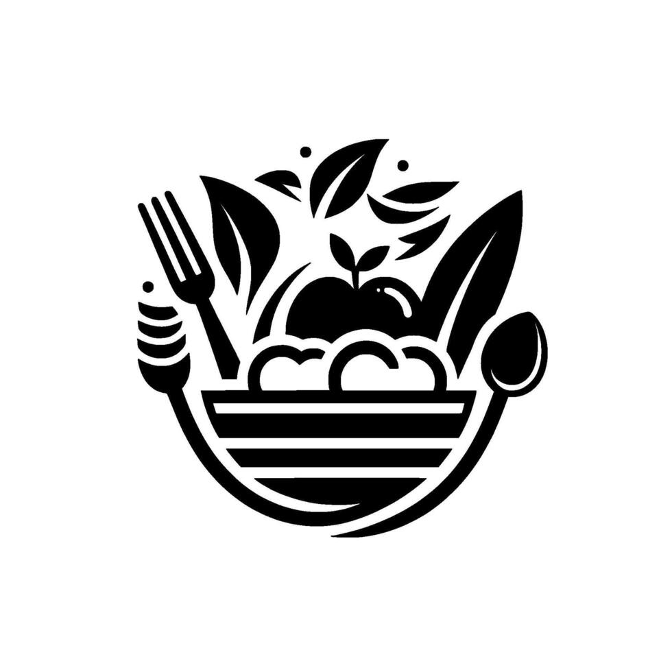 Stylized Black White Illustration of a Healthy Meal in a Bowl, with Apple, Leaves, and Cutlery. vector
