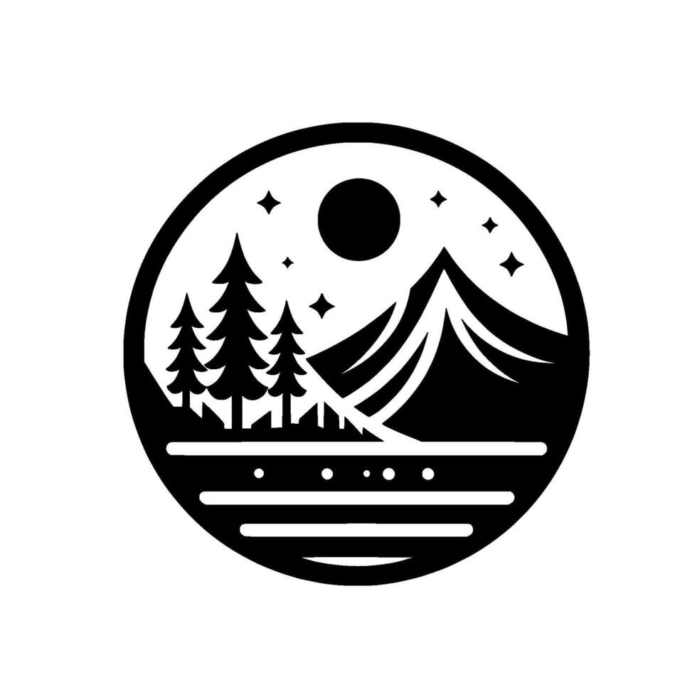 Monochrome circular illustration of a mountain, forest, tent, night sky with stars, moon and lake, evoking nature and adventure. vector