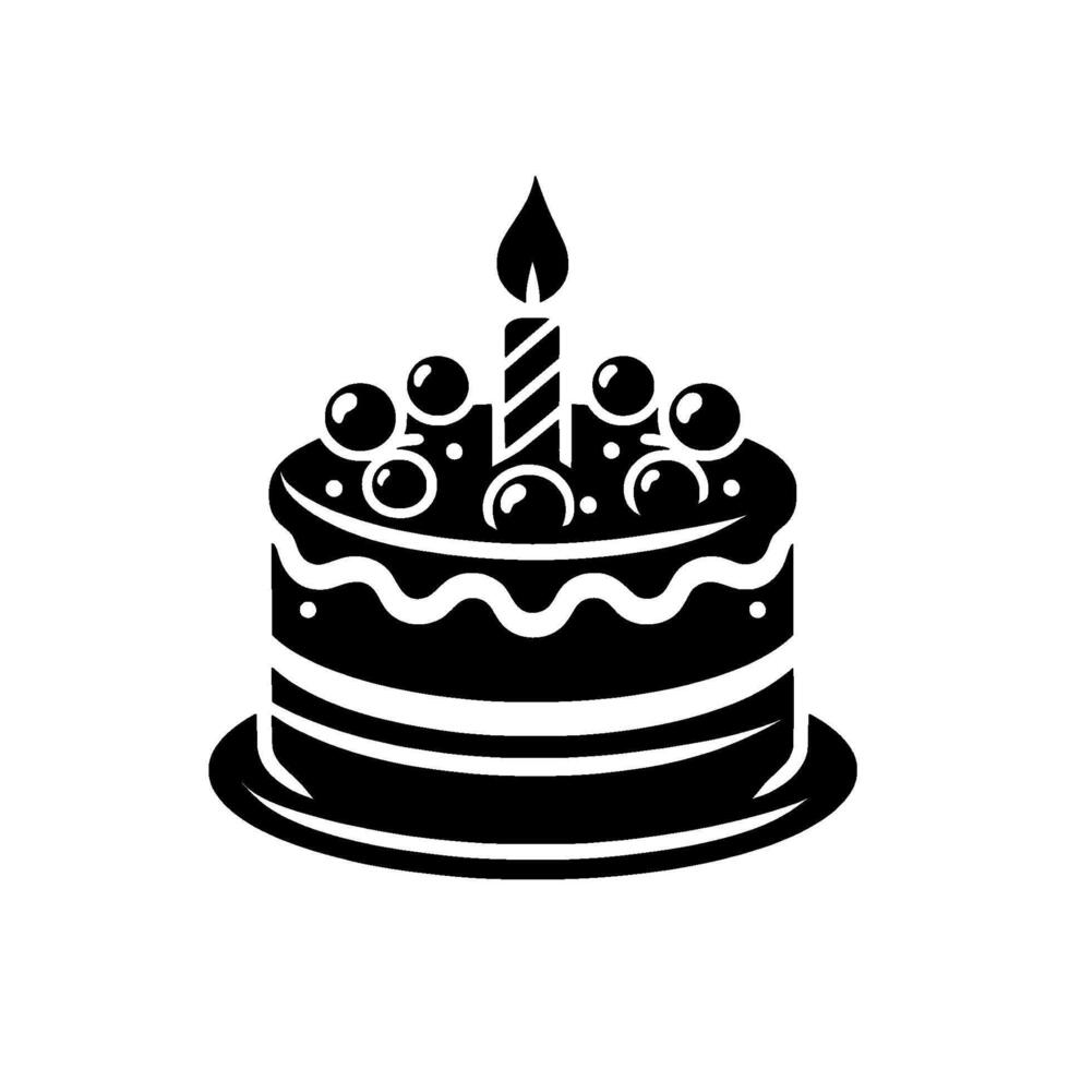 of a tiered birthday cake in black and white, adorned with fruit, a lit candle and a plate. vector