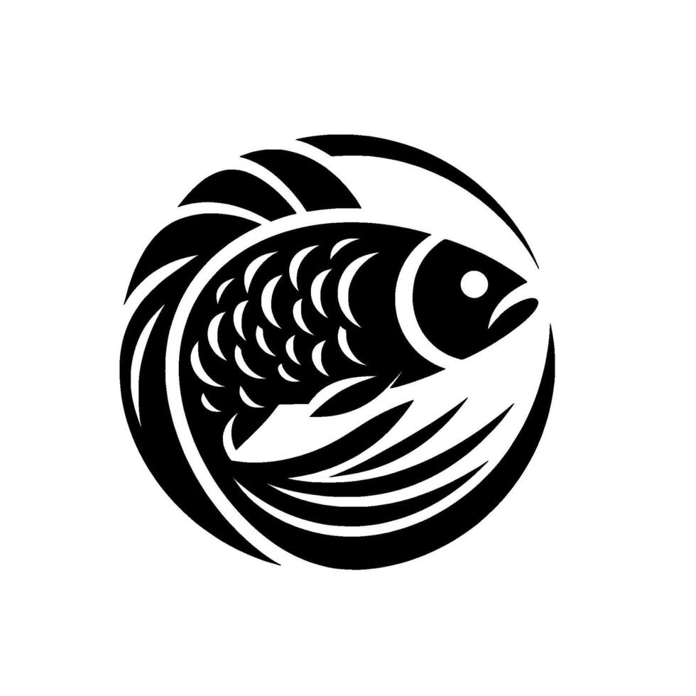 Stylized, monochrome illustration of a fish encompassed by a curved circular , emphasizing minimalist art. vector