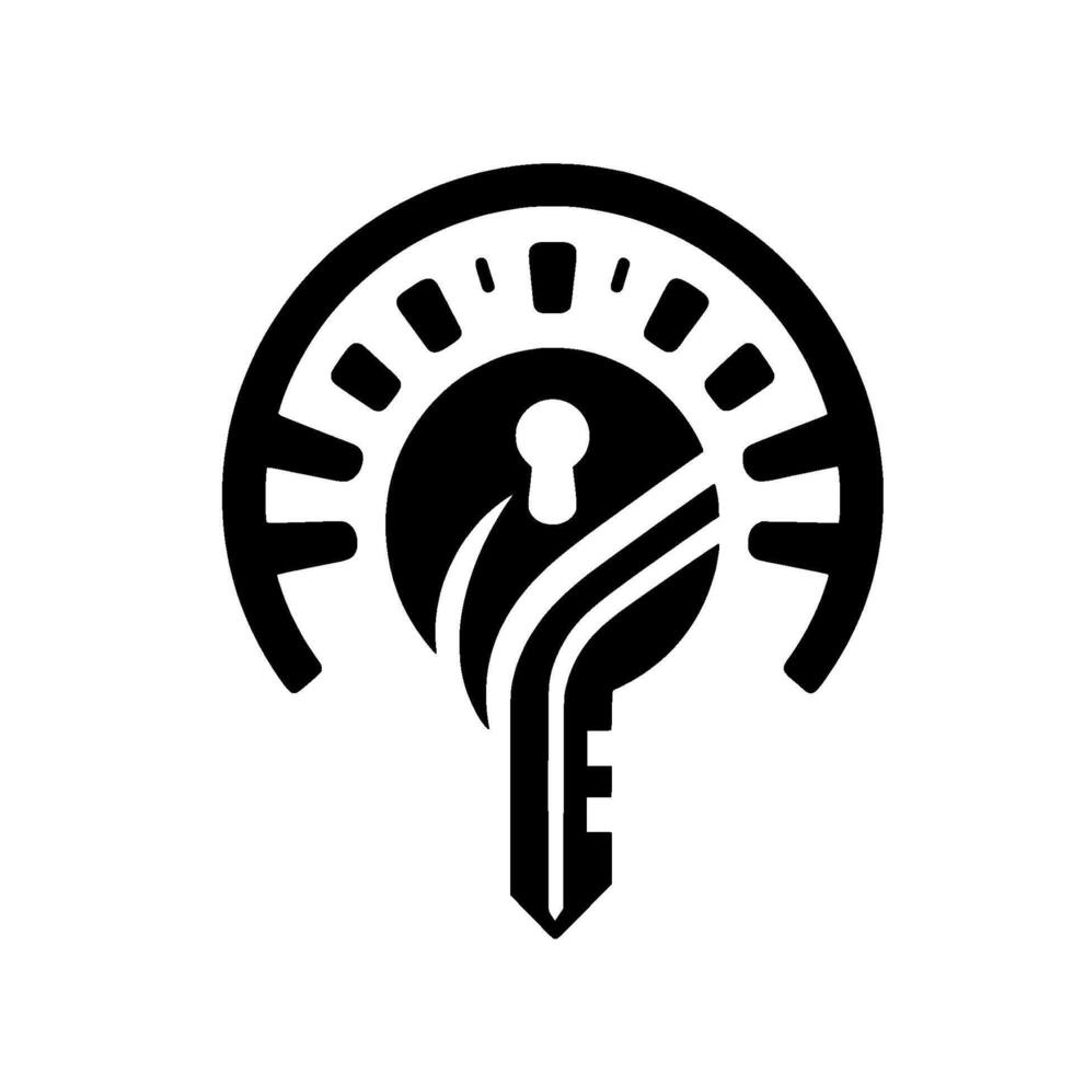 Abstract black and white depicting a key within a circular frame, suggesting access, security, and time. vector