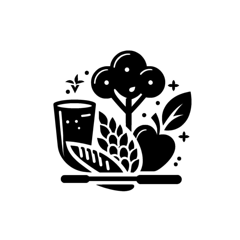 Black and white illustrated depiction of a wholesome, organic composition with a drink, fruit, leaves, and tree, on a horizontal bar. vector