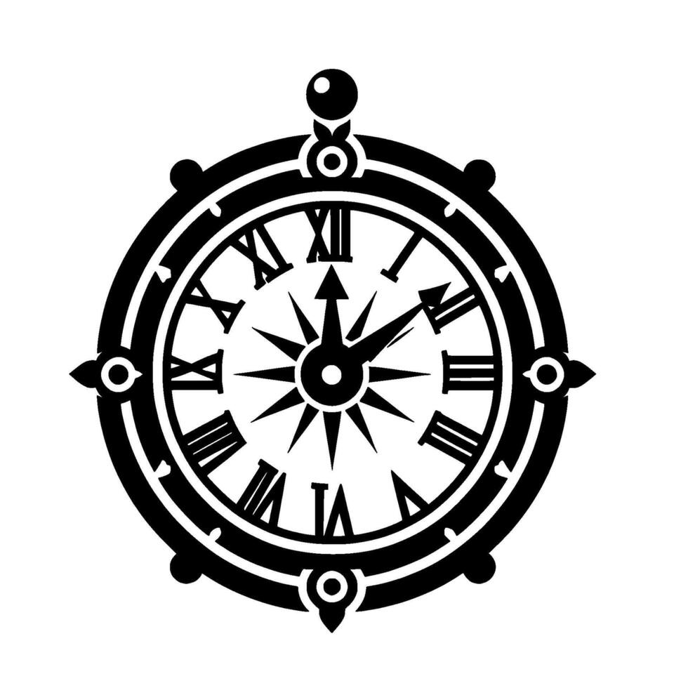 Ornate Black White Clock Face with Roman Numerals, Compass Rose, and Decorative Steering Wheel Elements. vector