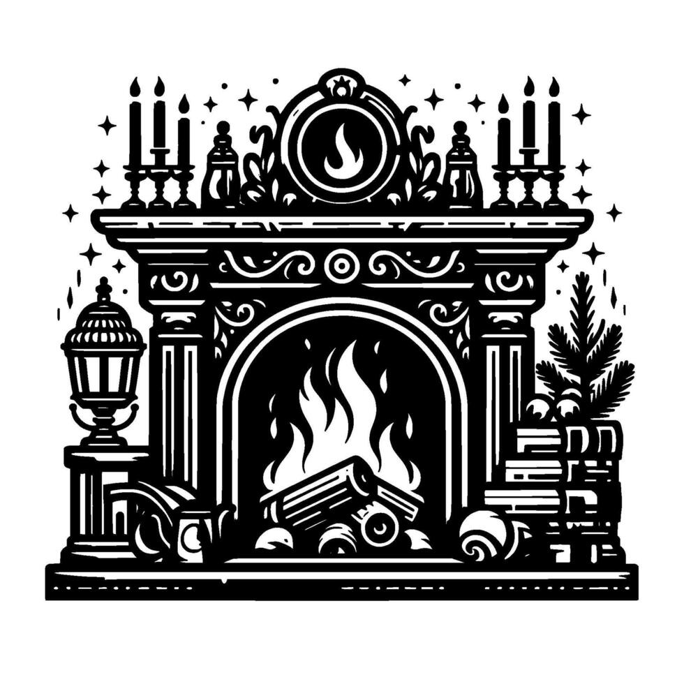 Intricate Black White Illustration of a Fireplace, with Burning Flames, Candles, Books, Ornaments, and a Decorative Mantelpiece, Festive Holiday Ambiance. vector