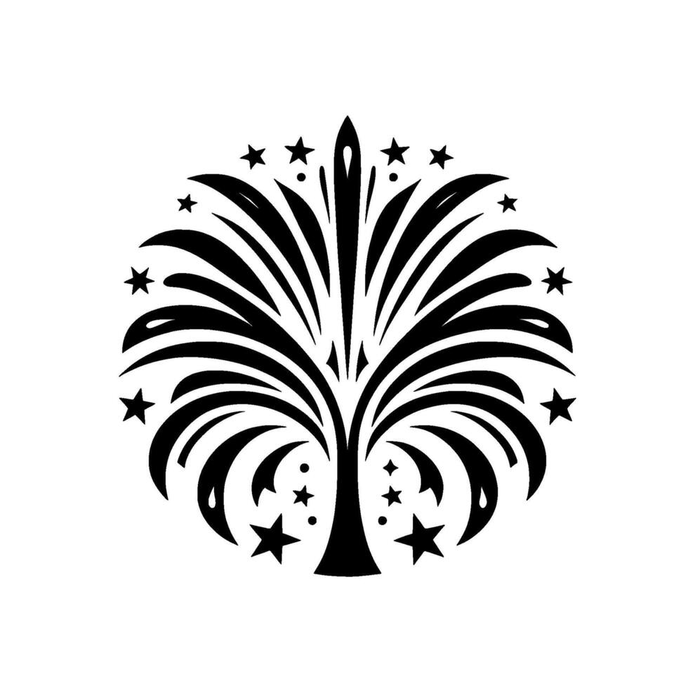 Black and White Stylized Fireworks Bursting with Stars, Centered Circular . vector