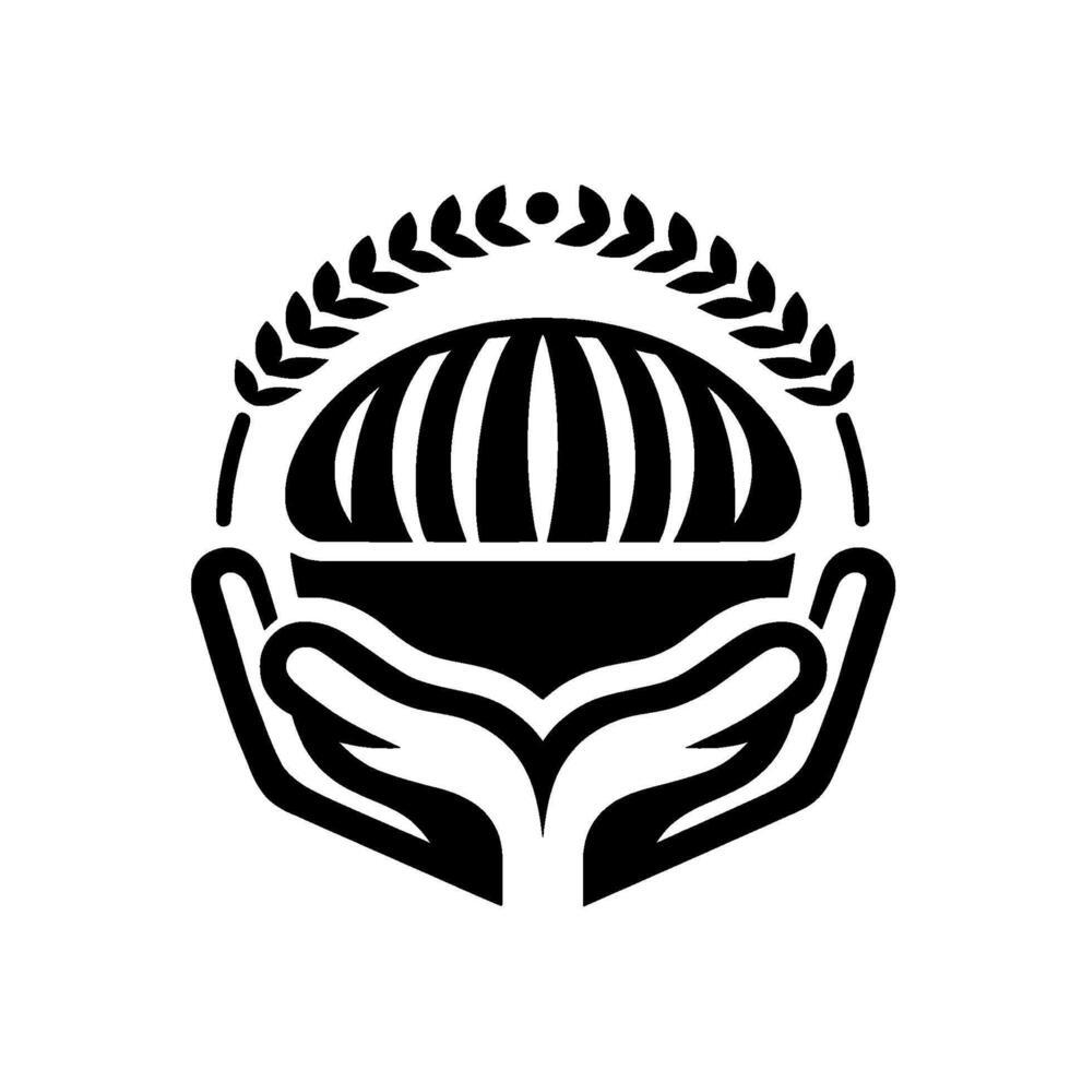 Black and white of cupped hands cradling a loaf of bread under a wheatsheaf arch, representing nourishment and care. vector
