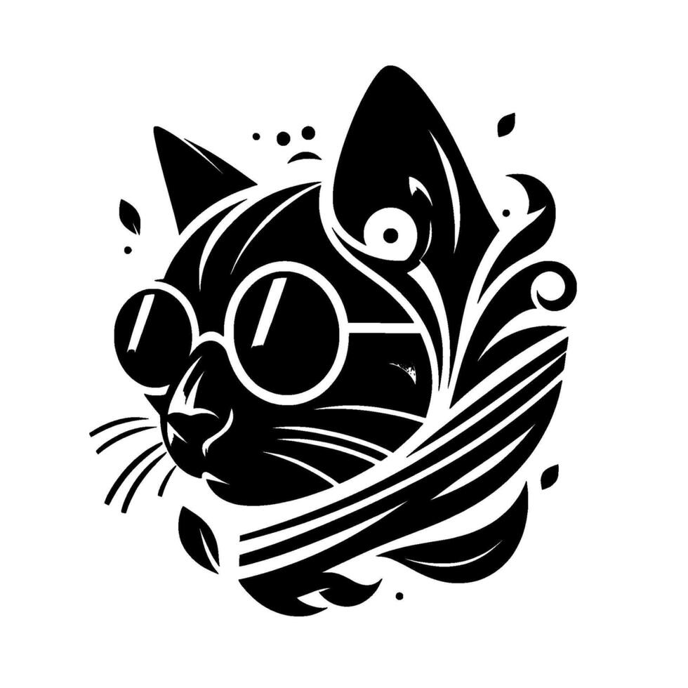 Stylized Black Cat with Sunglasses and Floral Elements on White Background Modern, Chic . vector