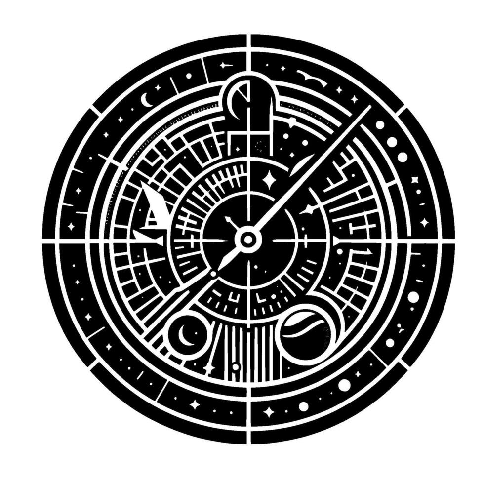Intricate Black and White Circular Geometric Featuring Time Elements, Constellations, and a Compass. vector