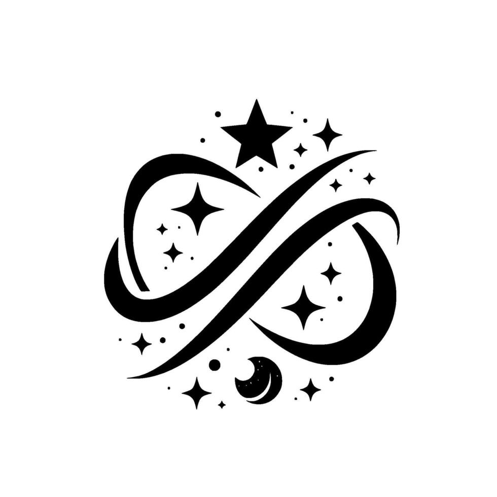 Abstract Black and White Celestial Illustration Featuring Swirling Lines, Stars, Dots and a Crescent Moon vector