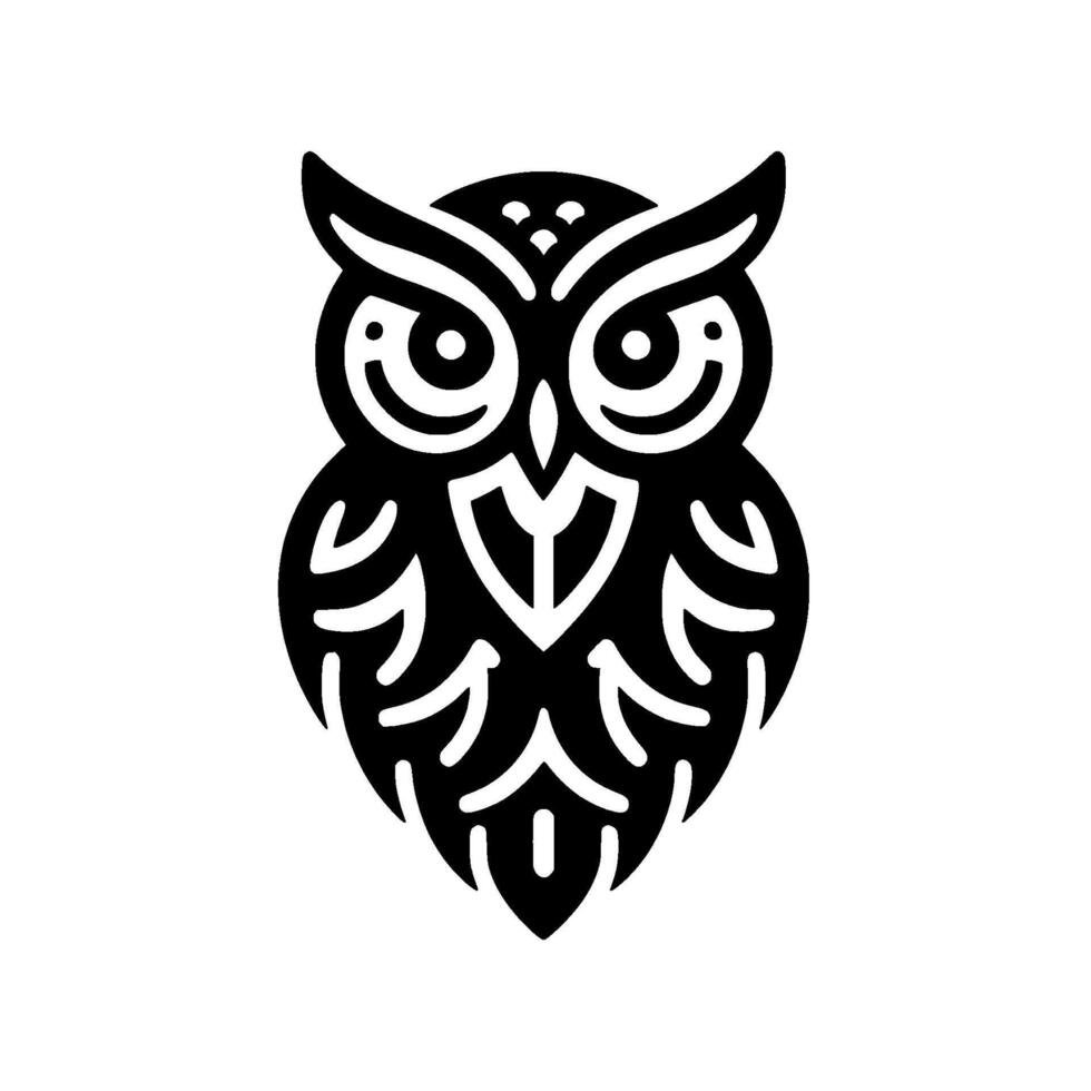 Stylized Black and White Owl , Geometric , Symmetrical Arrangement, Decorative Bird Silhouette on White Backdrop. vector