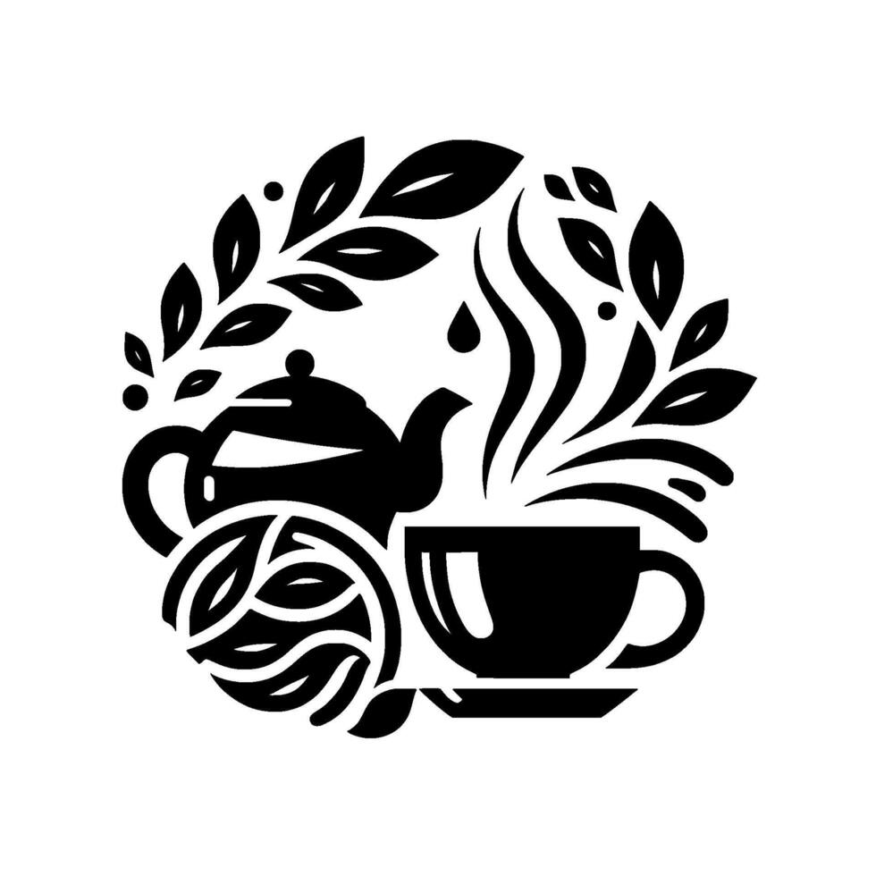 Monochromatic Tea Time A Circular Composition of Teapot, Cup, Leaves, and Steam, Suggesting Relaxation and Warmth. vector