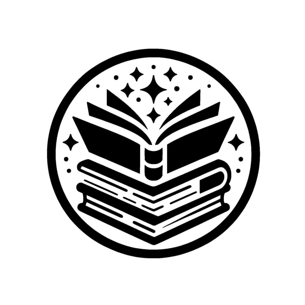 Black and white circular features stacked books with an open book on top, sparkles, and stars, symbolizing knowledge and magic. vector