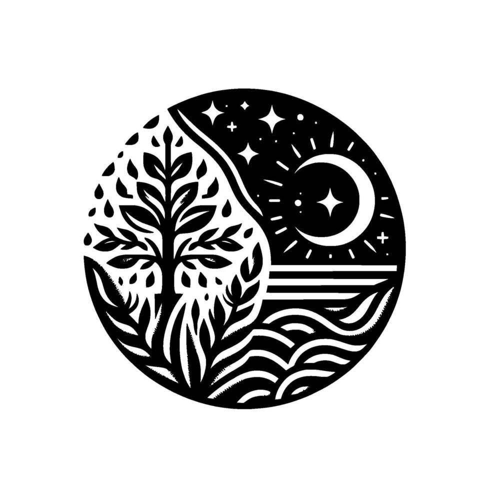 Yin Yang Symbol Depicting Day and Night, Nature and Cosmos with Tree, Moon, Stars, and Water in Detailed . vector