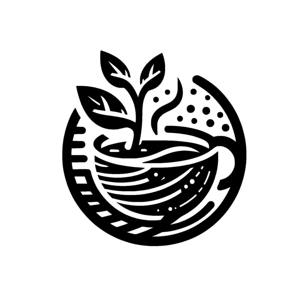 Stylized Black and White A plant growing from a coffee cup encircled by circular elements on a white background, promoting nature and beverage. vector