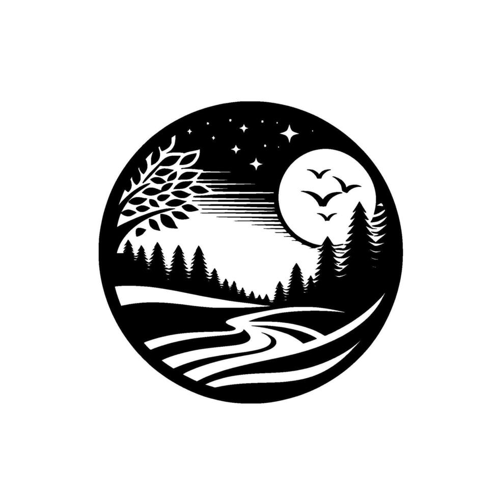 Serene Black and White Silhouette Moonlit Forest Scene with Flying Birds, River, and Starry Night, Encased in a Circle. vector