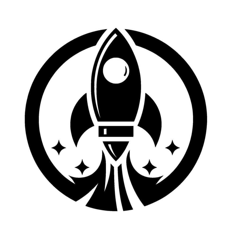 Monochromatic Illustration of a Rocket Ship Inside a Circular Frame, Depicting Launch with Stars. vector