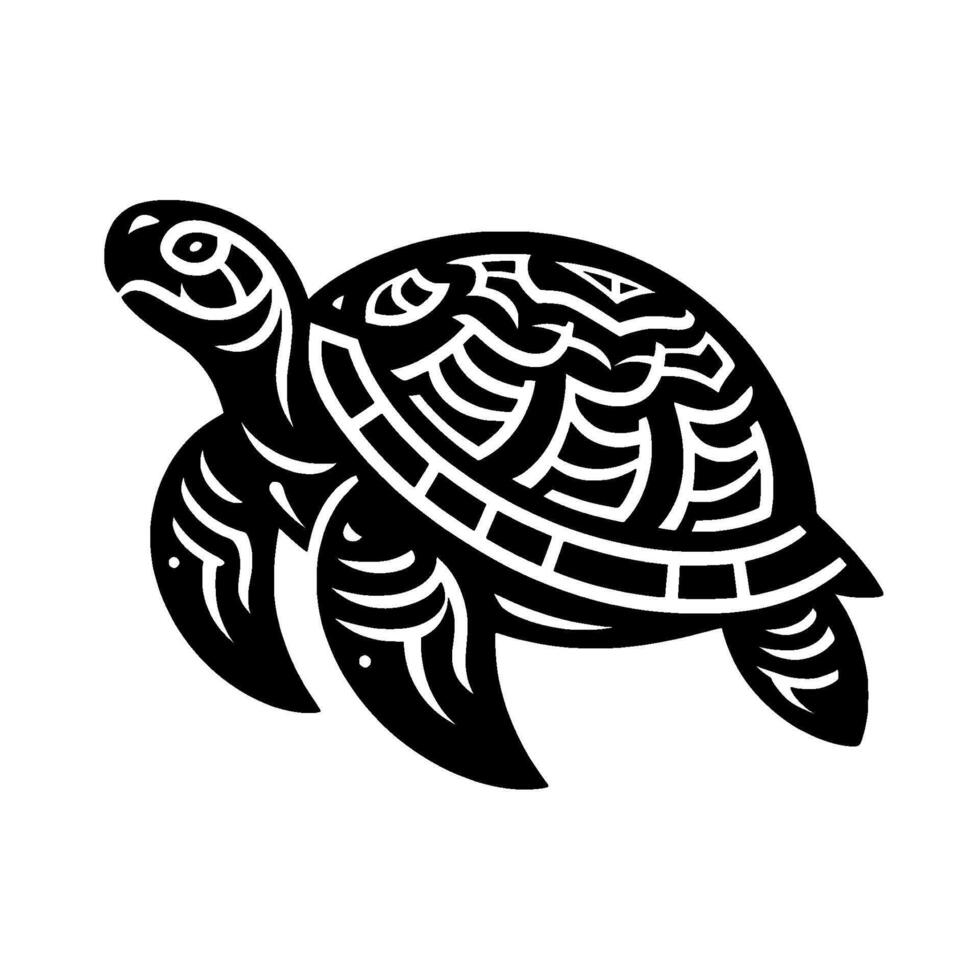 Artistic Black and White Tribal Sea Turtle Illustration A symmetrical, detailed on a white background, evoking cultural and nature themes. vector