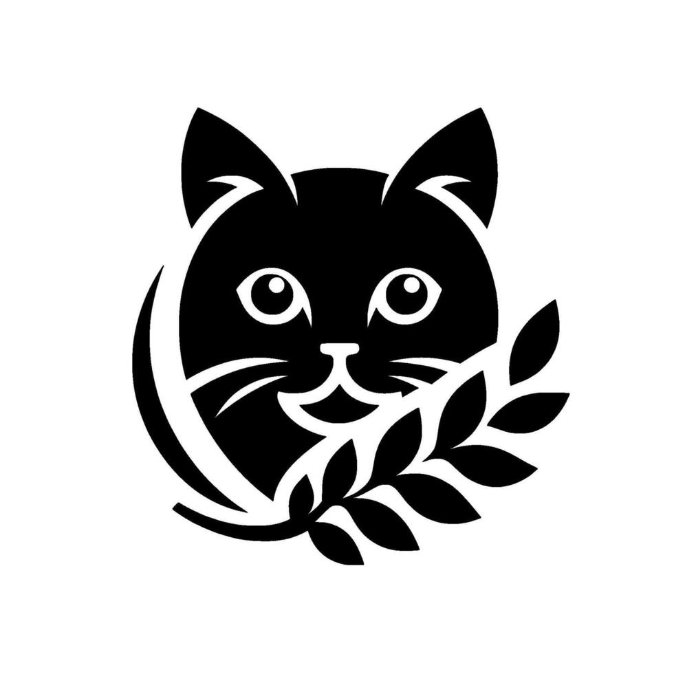 Minimalist black and white featuring a friendly cats head with a laurel wreath, conveying harmony. vector